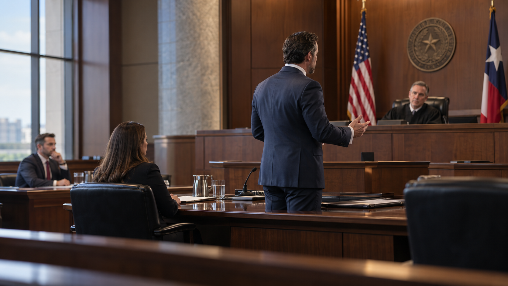 Defense attorney presenting an argument before a judge