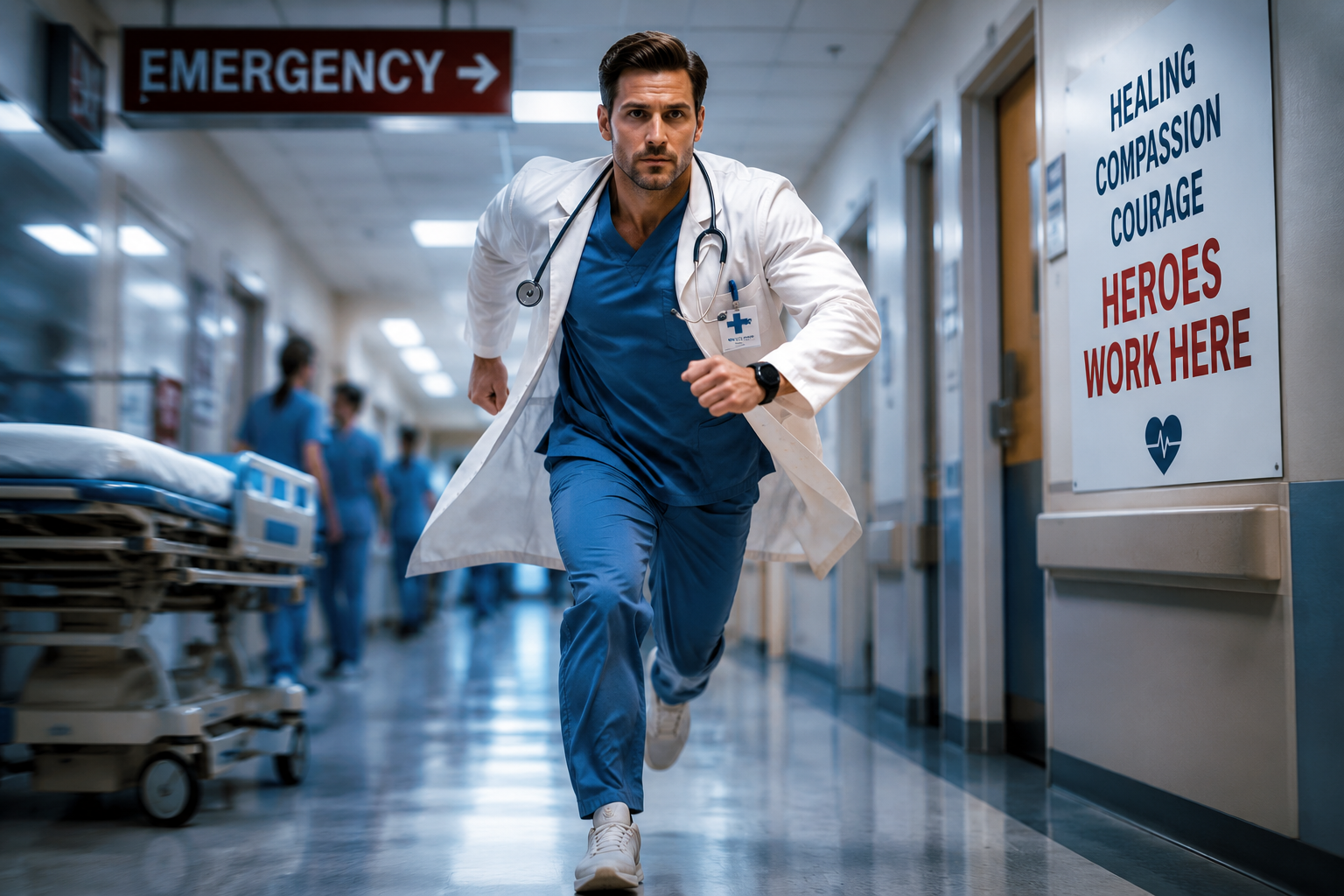 Doctor running through a hospital corridor